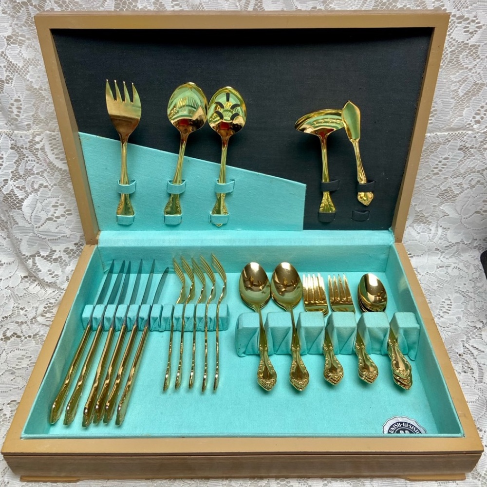 Vintage, 34-pc Estia, Korea Gold Plated Flatware for 6 with Hostess Set and Box